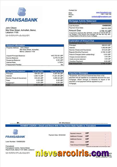 Lebanon Fransabank mortgage statement Word and PDF template